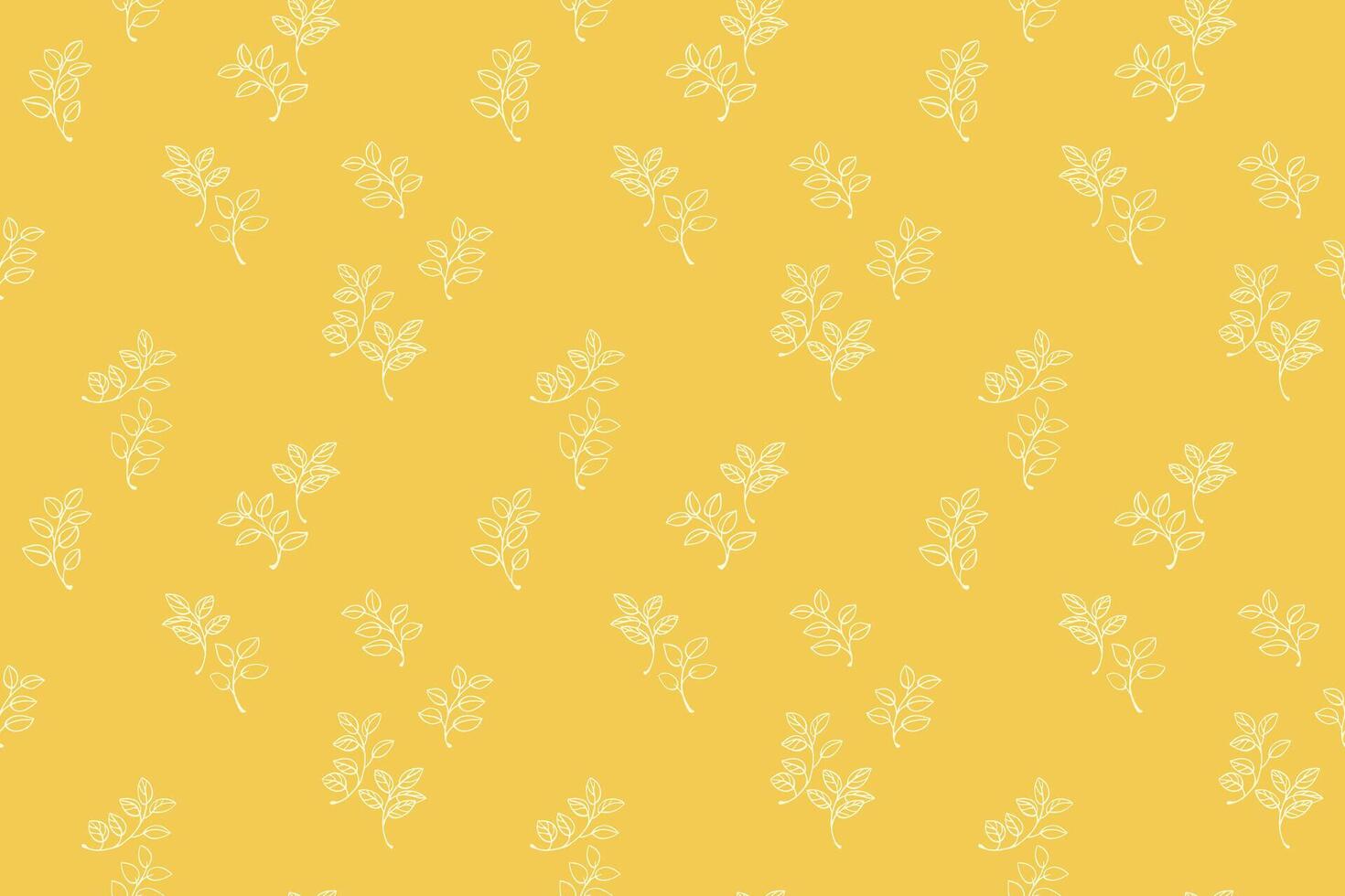 Seamless pattern featuring minimalist white line drawn leaves arranged on a warm yellow background. Simple nature ornament for textiles, wrapping paper, wallpapers, branding designs. vector