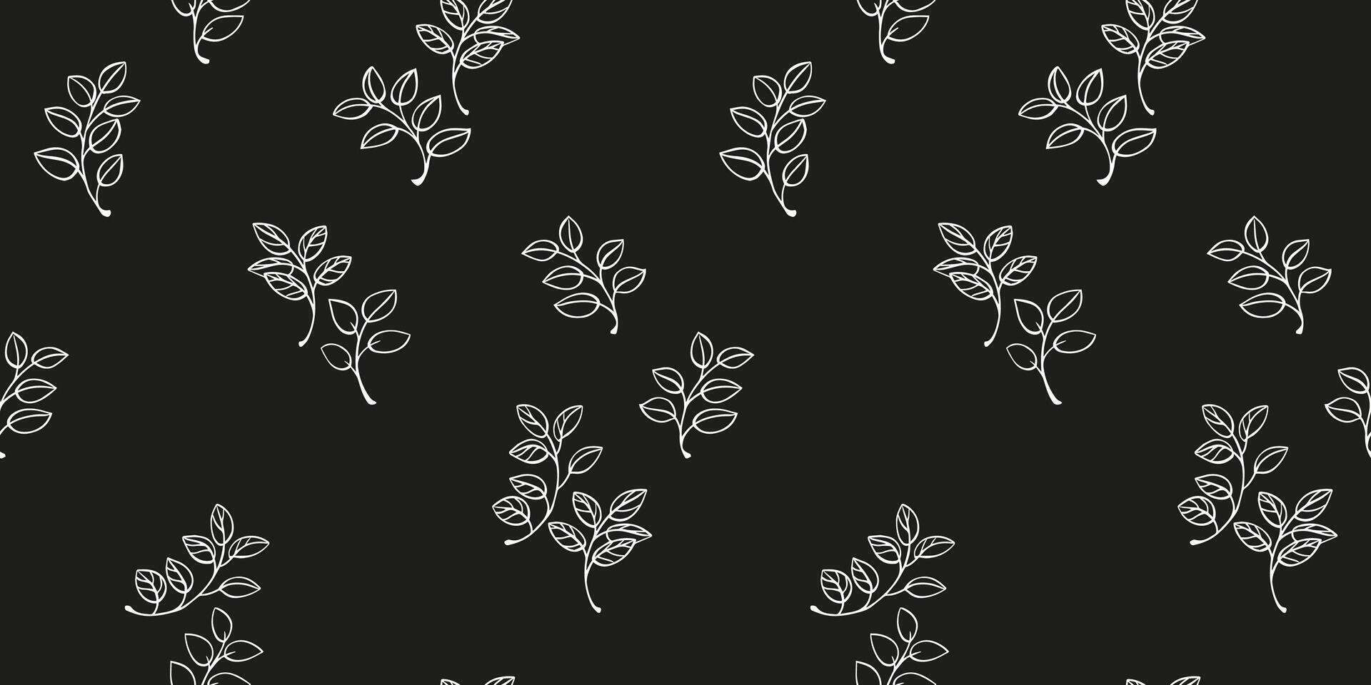 Seamless pattern featuring minimalist white line drawn branches with leaves on a black background. Simple nature ornament for elegant textiles, wallpaper, packaging, and modern graphic designs vector