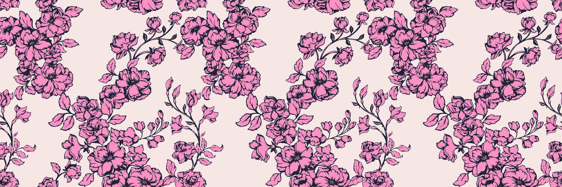 Seamless floral pattern featuring pink blossoms with delicate leaves on a light background. Perfect for textiles, wallpaper, packaging, and stationery. Vibrant and feminine design. vector
