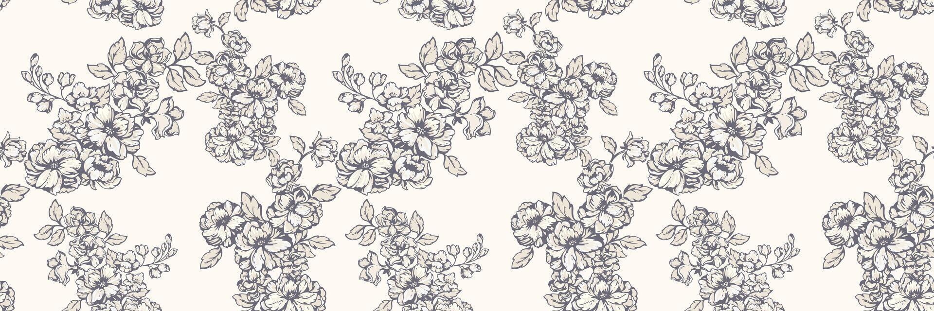 Pastel seamless floral pattern featuring delicate flower clusters with fine details on a light background. Perfect for textile design, fashion prints, wallpapers, and elegant decor projects. vector