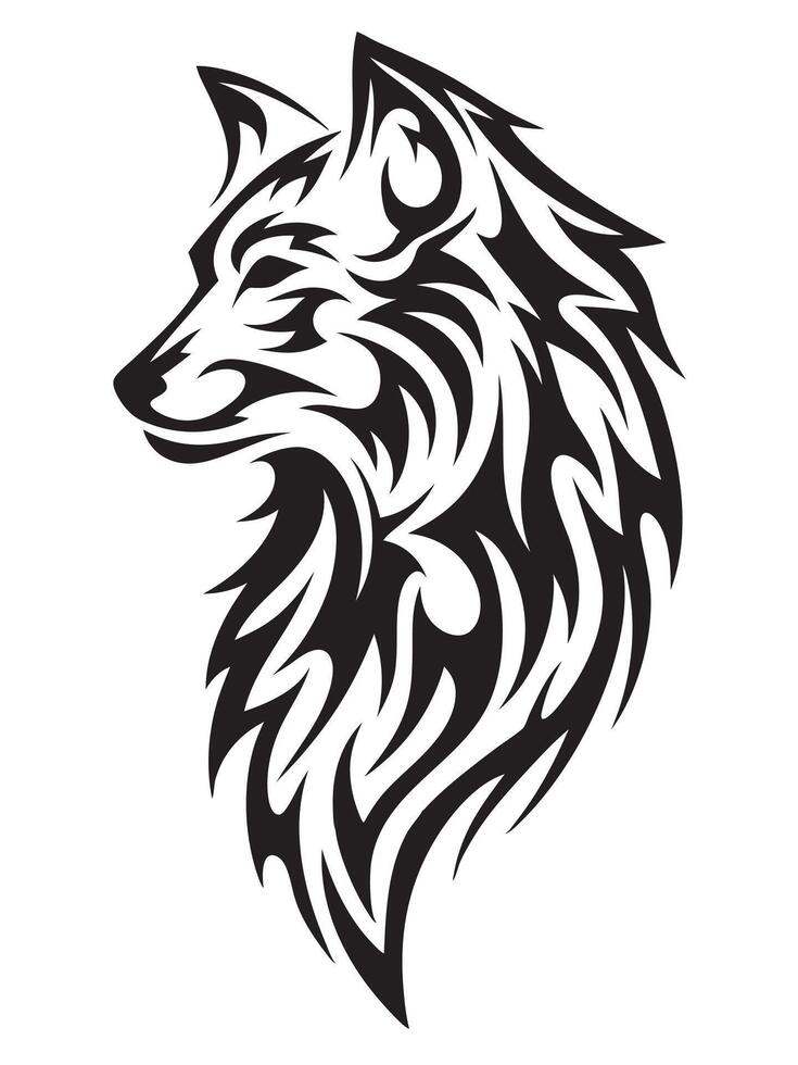 Alpha Wolf Spirit Tattoo with Strong Black Ink and Artistic Tribal Swirls vector