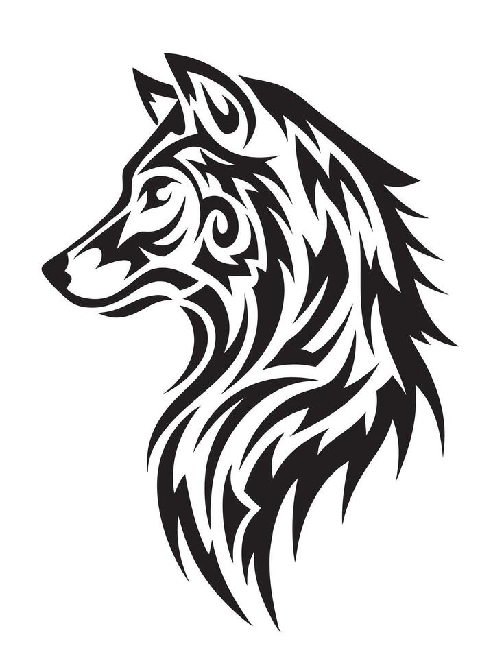 Stylized Alpha Wolf Tattoo in Tribal Art with Swirling Black Ink Details vector