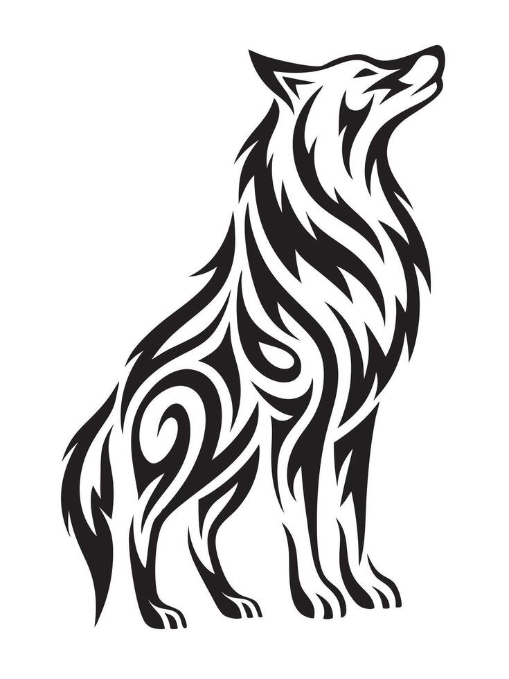 Minimalist Black Ink Tribal Wolf Tattoo with Artistic Swirling Patterns and Detail vector