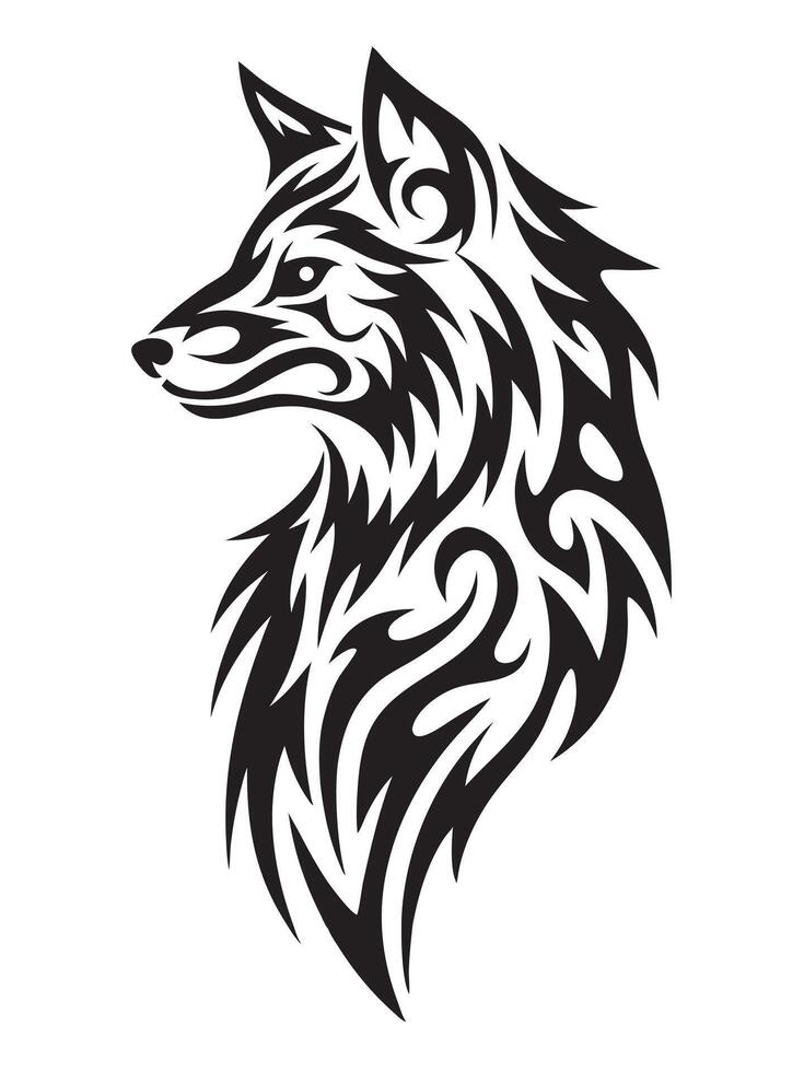 Powerful Wolf Head Tribal Tattoo with Fierce Expression and Abstract Linework vector