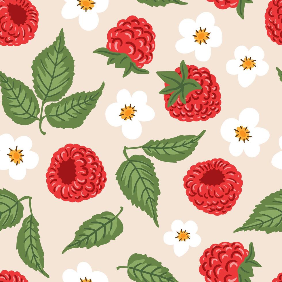 Raspberry berries, flowers, leaves summer seamless pattern wrapping, fabric. Natural berries texture vector