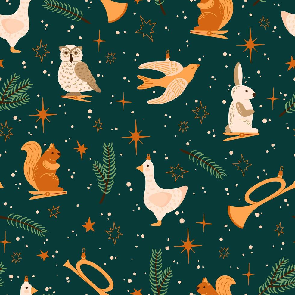 Christmas Ornaments Seamless Pattern hare, squirrel, goose, horn, Christmas tree decoration vector