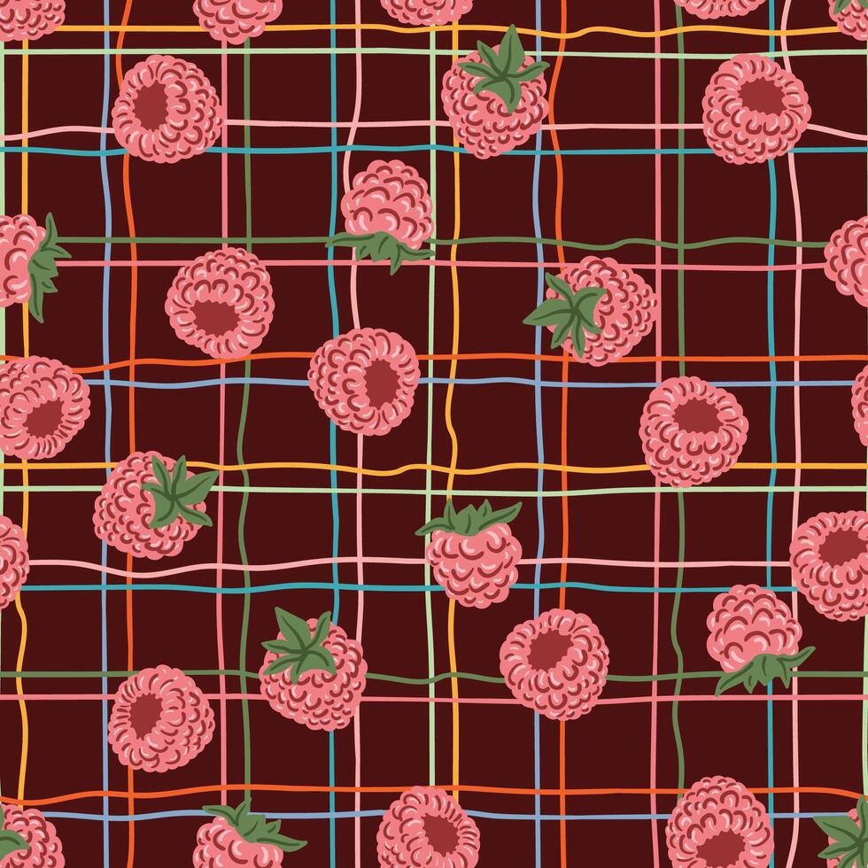 Raspberry line checkered summer seamless pattern for wrapping, fabric. berries tablecloth texture vector