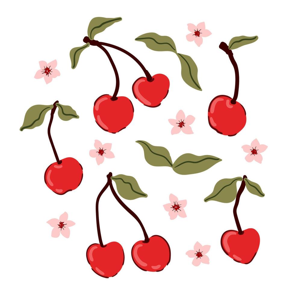Ripe cherry set, red berries with green leaves and flowers isolated. coquette core, Love, Romance vector
