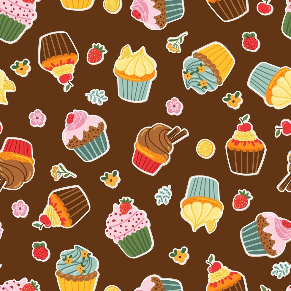 cup cakes berries, flower, cinnamon seamless pattern. pastry texture holiday, fabric, wallpaper vector