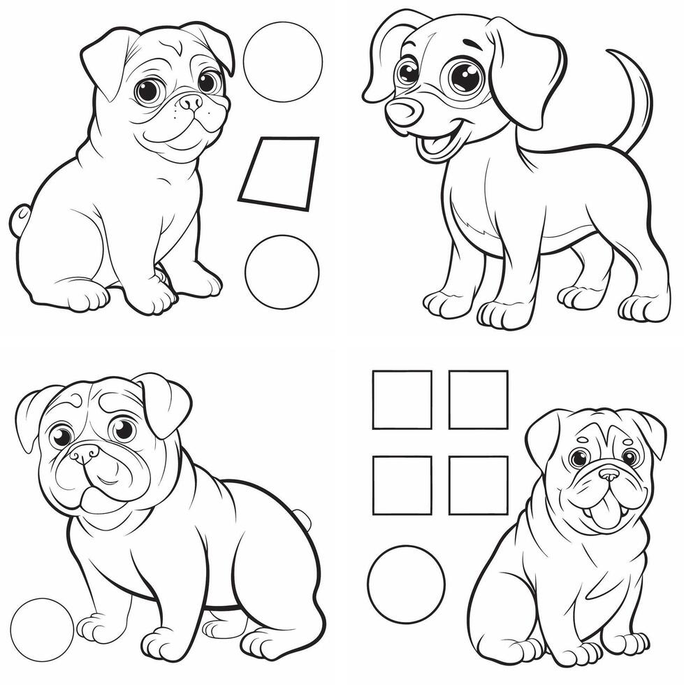 four different pugs and a dog coloring pages vector