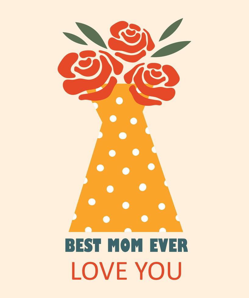 Mother's Day greeting card. A bouquet of red roses in a yellow vase with polka dots. Cute illustration for the best mom ever vector