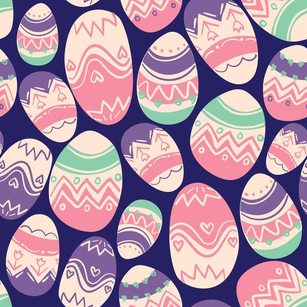 A dark blue background featuring a scattered pattern of Easter eggs in pastel shades of pink, purple, blue, and green with zigzag, heart, and floral designs, perfect for holiday crafts. vector
