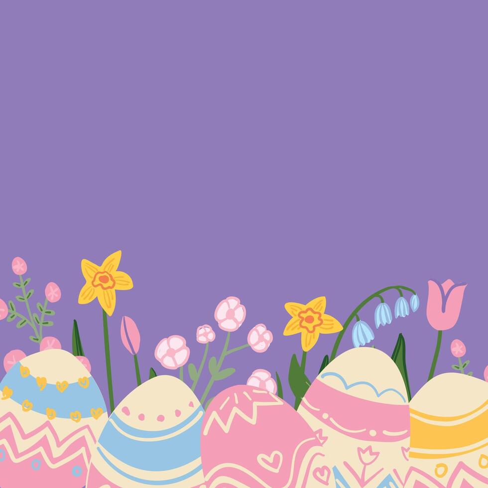 A purple background with a border of pastel Easter eggs in pink, blue, and yellow, surrounded by yellow daffodils, pink tulips, and bluebell flowers, ideal for festive Easter decor. vector