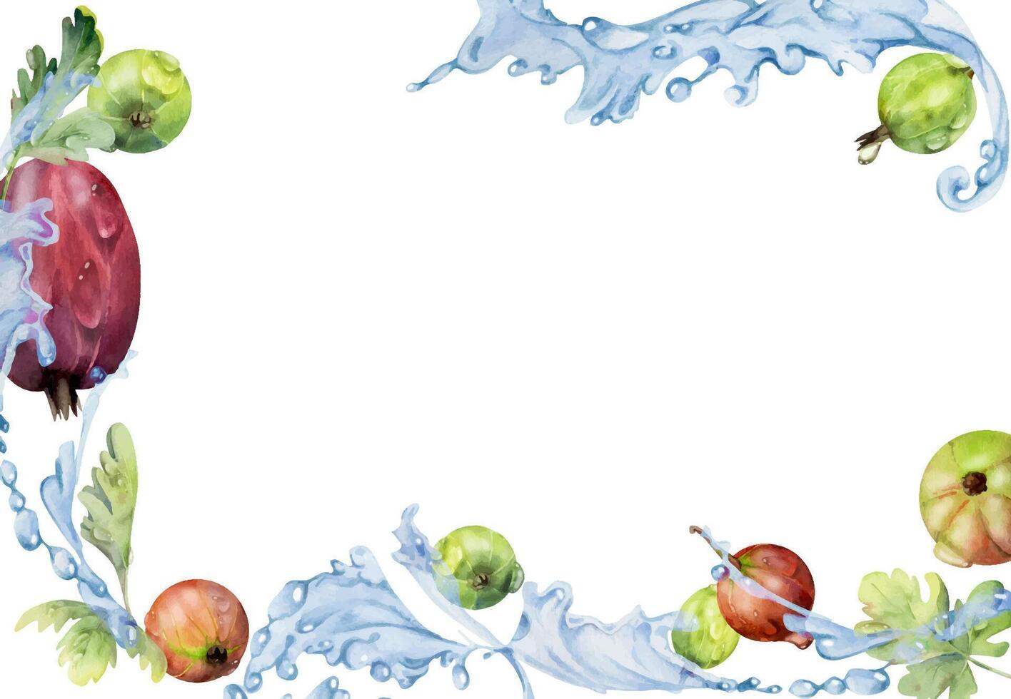 Gooseberry Currant berries flying in water splash with green leaves, dew drops, ripe garden juneberry casseille jostaberry hand drawn in watercolor. Isolated border corner frame. Menu, farmers market vector