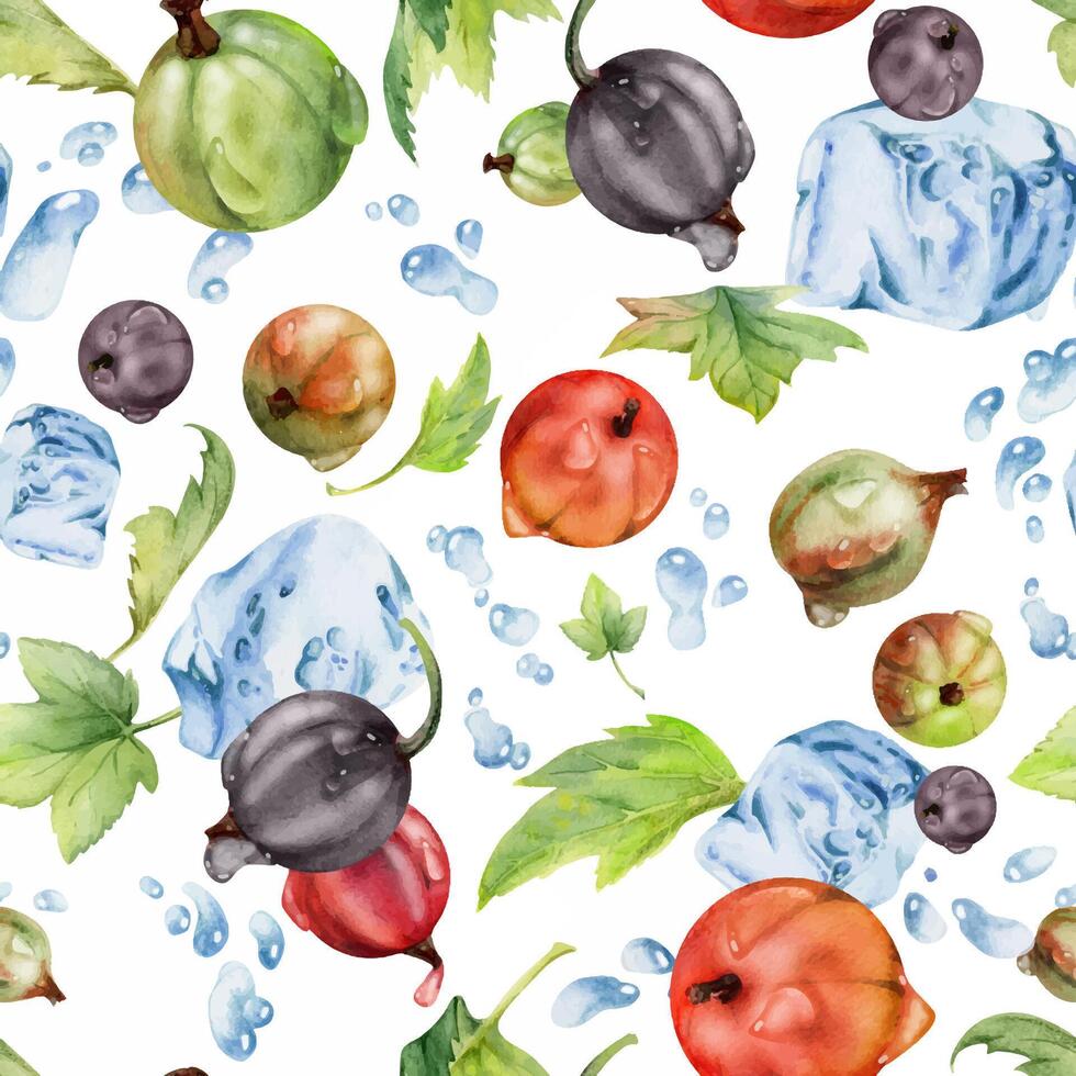 Currant gooseberry flying in water splash with green leaves, ice cubes, dew drops, ripe garden juneberry casseille jostaberry. Isolated seamless pattern hand drawn in watercolor. Craft drinks, grocery vector