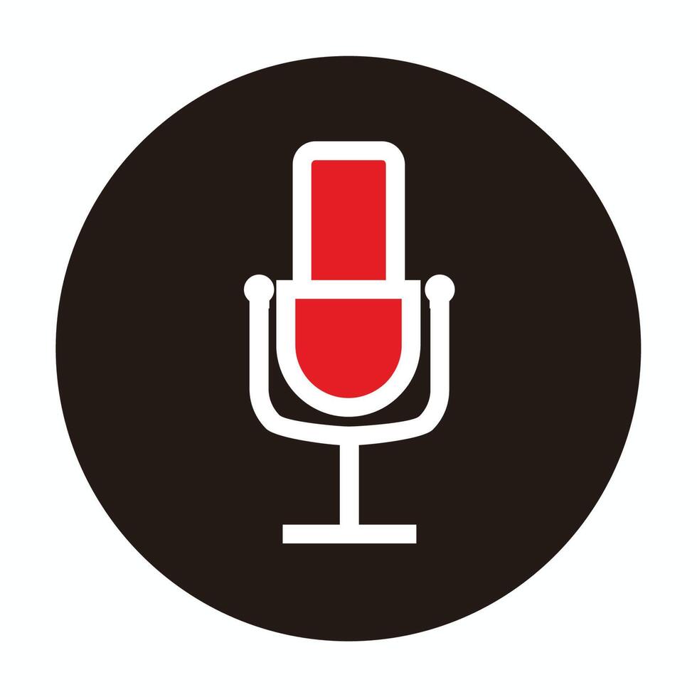 Prinline art microphone for broadcast or podcast icon or logo - red and white illustrations line art microphone isolated on black circle vector