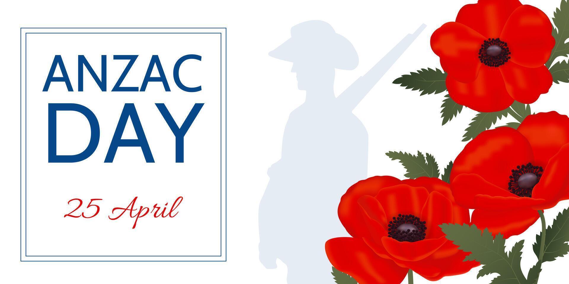Anzac day horizontal banner, remembrance day template with flowers and soldier vector