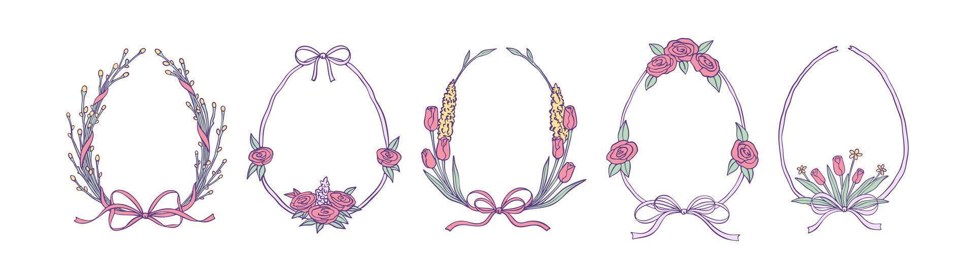Set of springflower hand drawn doodle Easter egg frames. Whimsical bow ribbon cute borders. Floral willow, tulip, rose, peony wreath. Wedding, birthday, catholic celebration invitation tepmlate vector