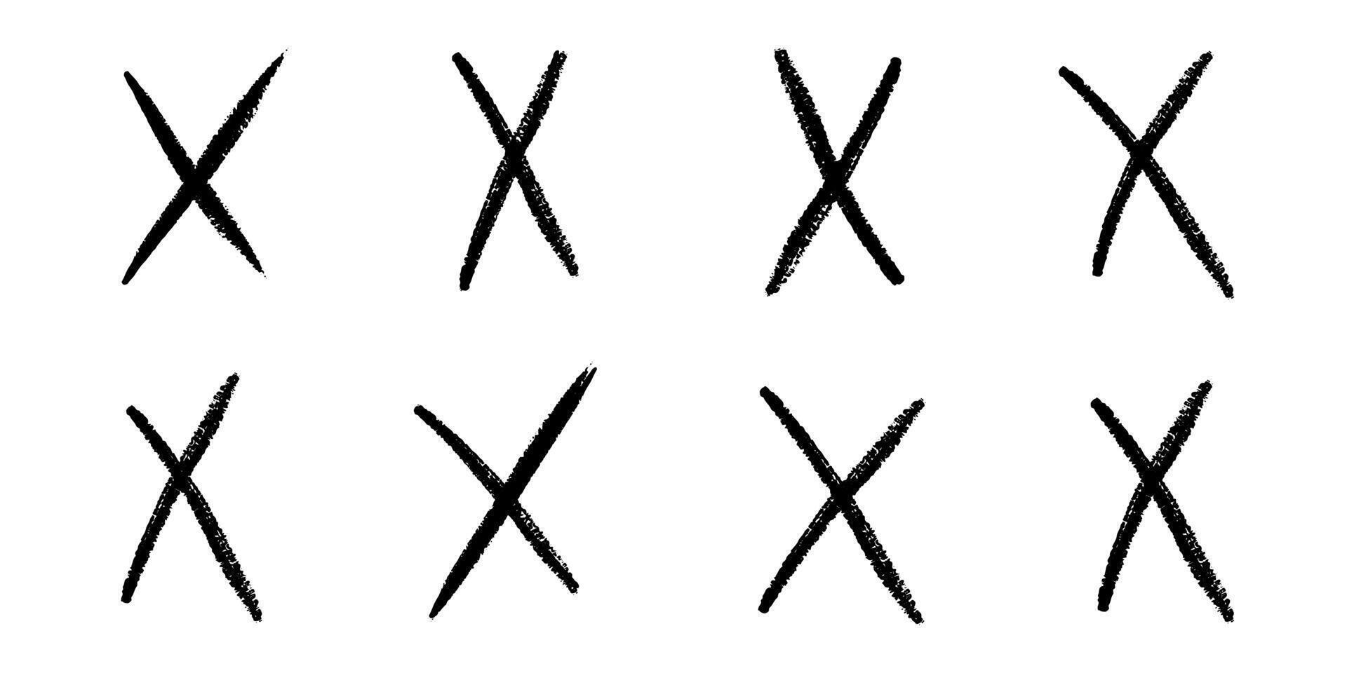 Hand drawn black crosses. Crayon brush handwritten. Marker stroke, pen scribble. Strikethrough x child lines. Grunge chalk cross set. Doodle isolated illustration on white background. vector