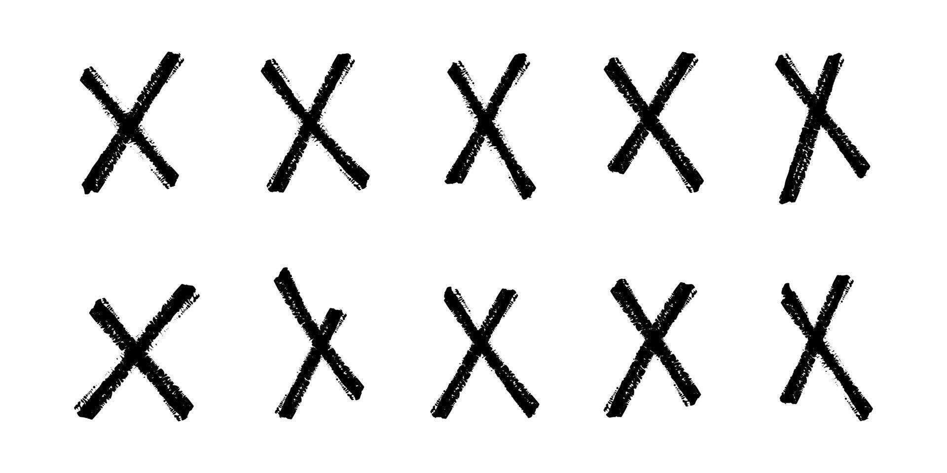 Hand drawn crayon black crosses. Doodle brush handwritten. Marker stroke, pen scribble. Strikethrough x lines. Grunge chalk cross set. Child isolated illustration on white background. vector