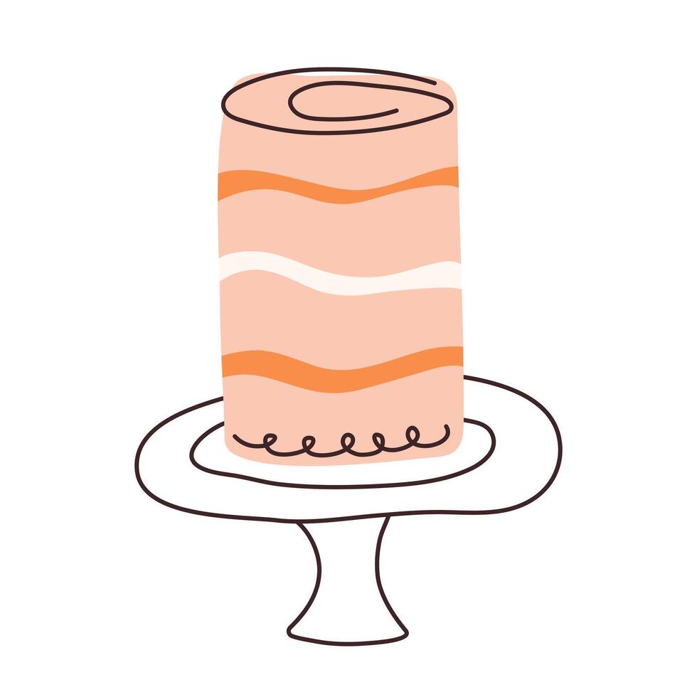 Cake in flat style. Doodle cupcake piece with hand drawn lines. Slice sweet desserts for birthday, invitation card, jubilee, poster, weeding. Isolated illustration on white background. vector