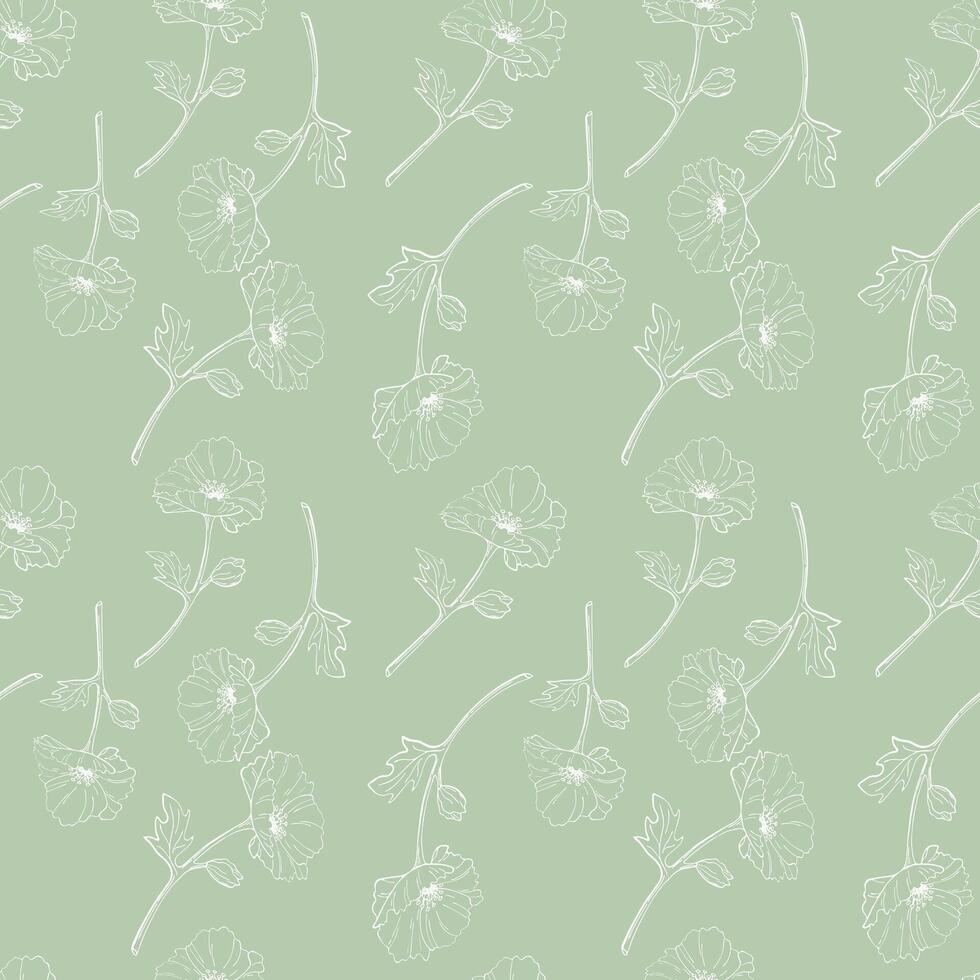 Flowers on soft green background, pattern of contour drawings of flowers, possibly poppies. Textile. vector