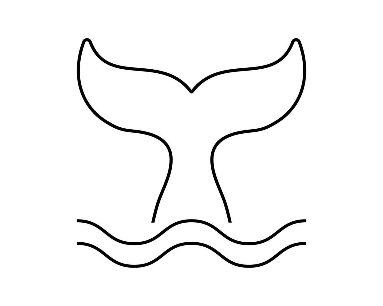 Whale tail icon with wavy lines. Silhouette of cetacean animal diving in sea isolated on white background. Dolphin, orca, beluga or another marine mammal symbol. outline illustration vector