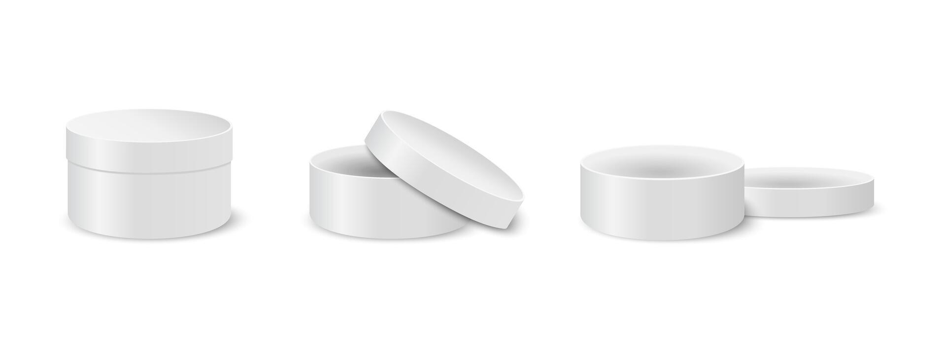 Set of closed and open round boxes. Cardboard, tin or plastic containers for gifts or hats, cosmetics or medicine, sweets or cookies. Silver cylindrical packages. realistic illustration vector