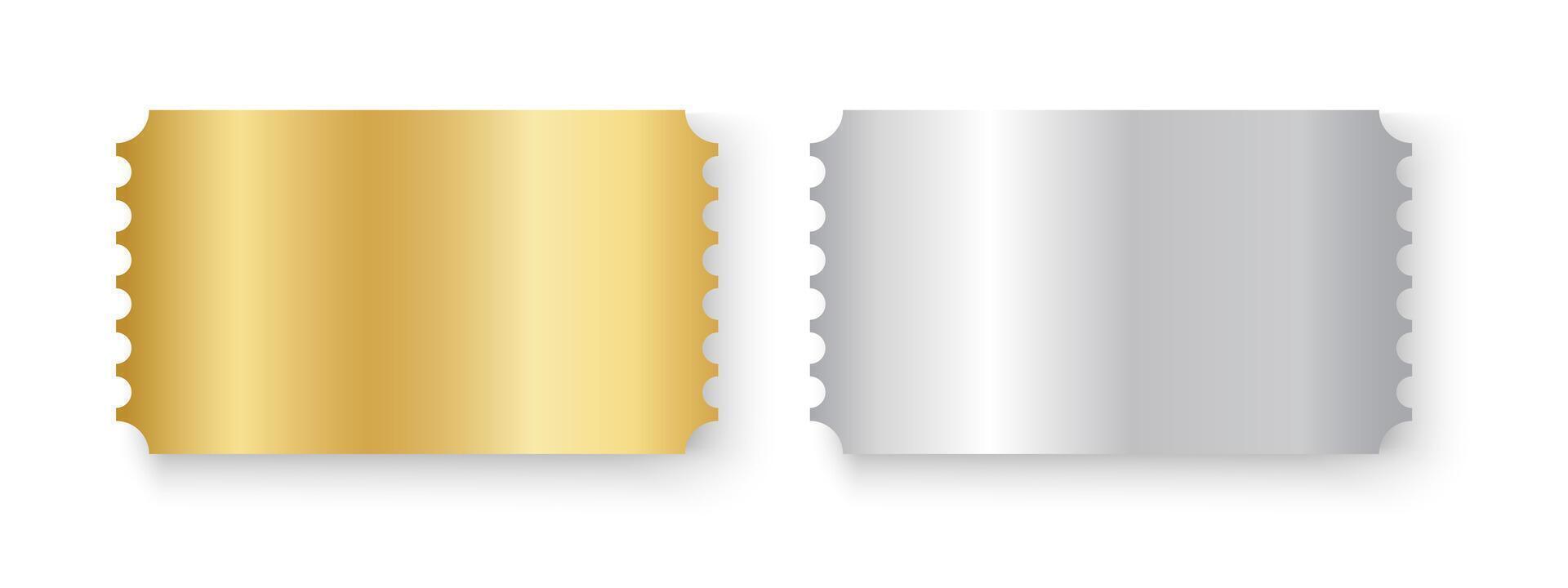 Gold and silver ticket mockups. Shining metallic raffle, winning lottery, VIP coupon offer, jackpot lotto templates. Entrance or seating cards in exclusive luxury style. realistic illustration vector