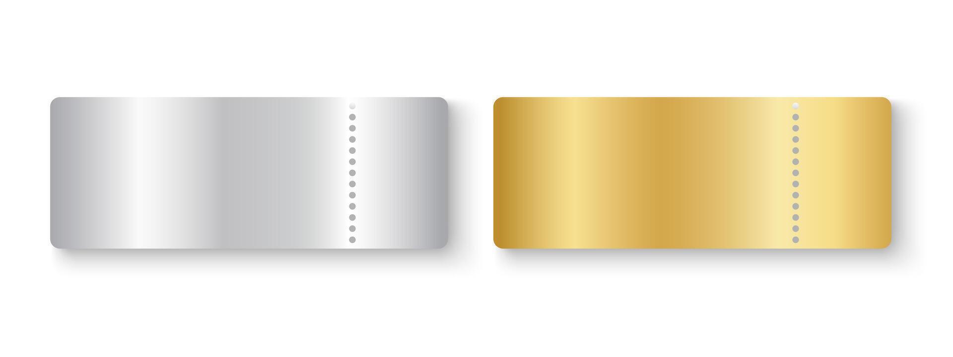 Silver and gold empty tickets mockups. Raffle, win lottery, coupon offer, jackpot lotto metallic surface. Cards for entrance or seating in exclusive luxury style. realistic illustration vector