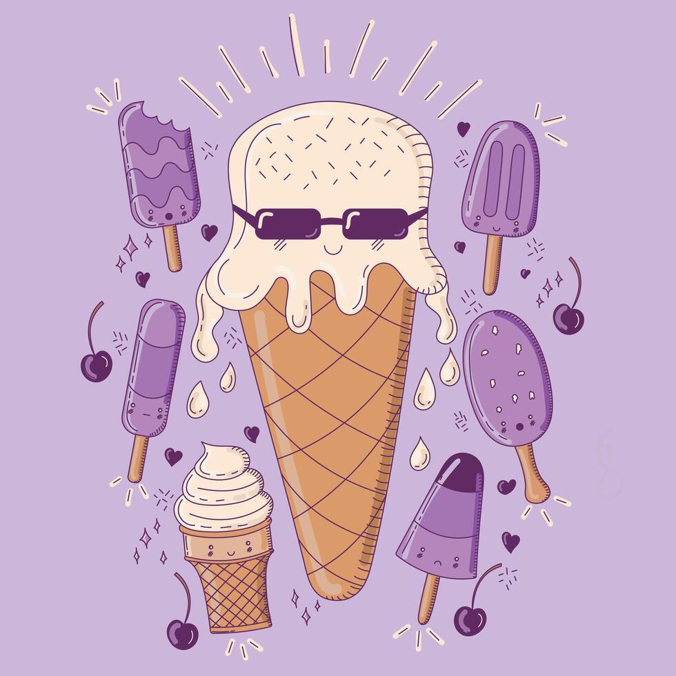 Ice cream Line Art Doodle. Soft tones vector