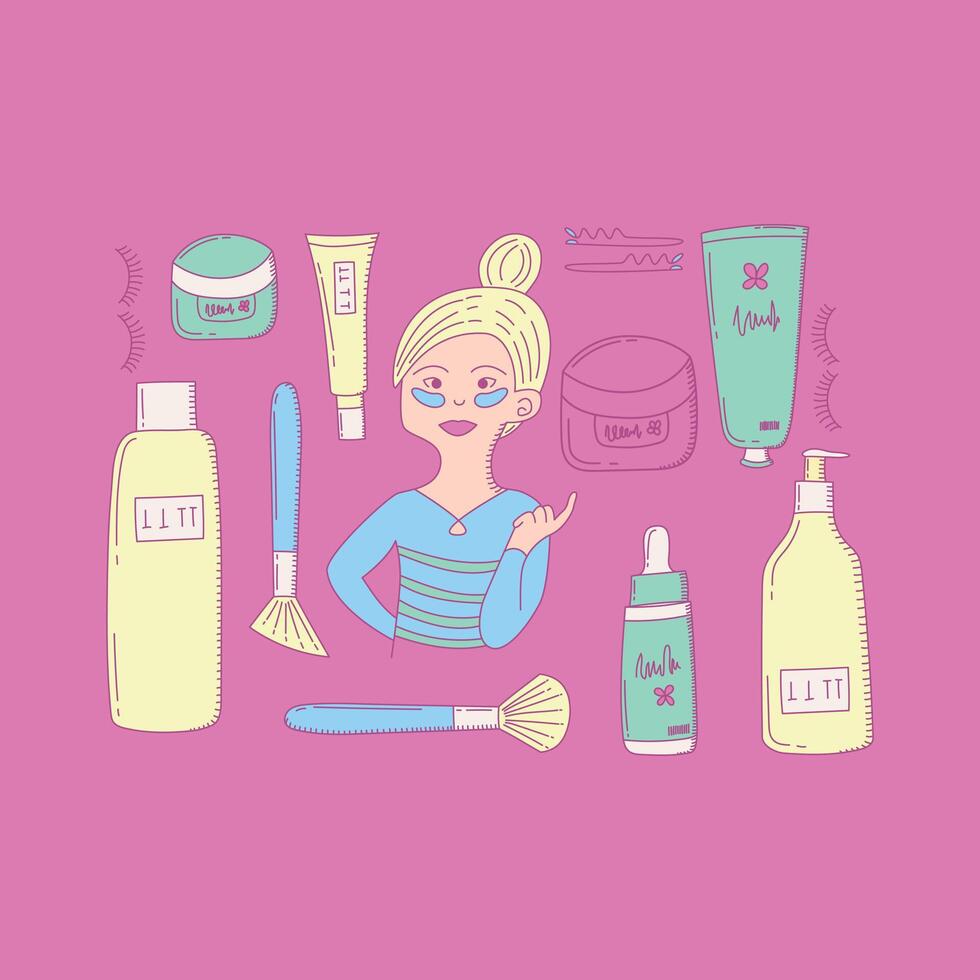 Set of skin care icons in doodle style with girl. Soft tones vector