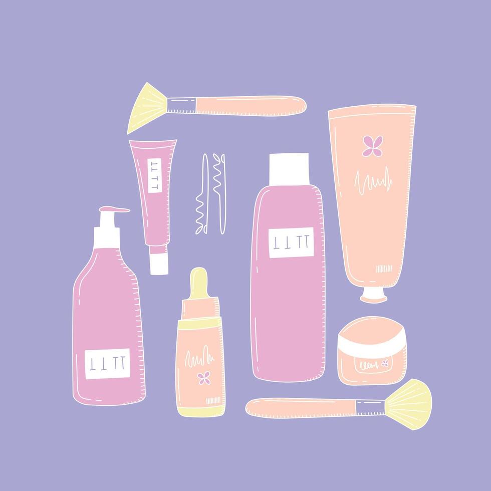 Set of neat and doodle-style skincare icons. Soft tones vector