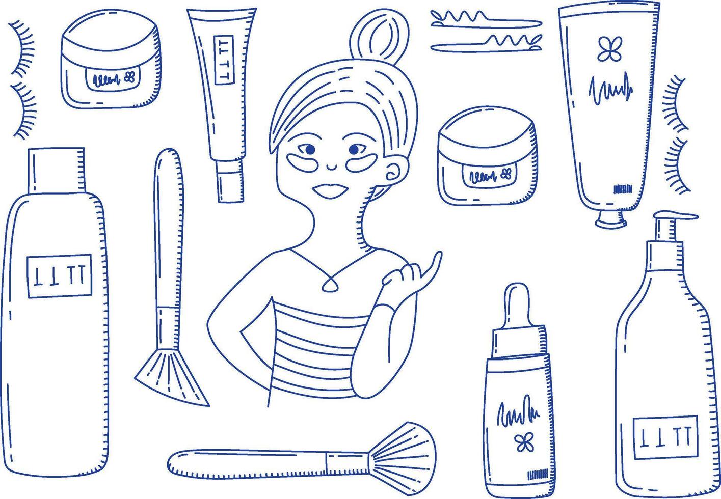 Set of skin care icons in doodle style with girl vector