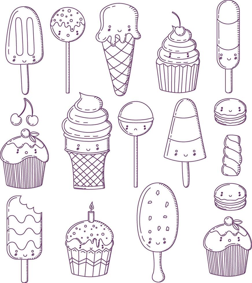 Set of candy and ice cream icons in doodle style vector