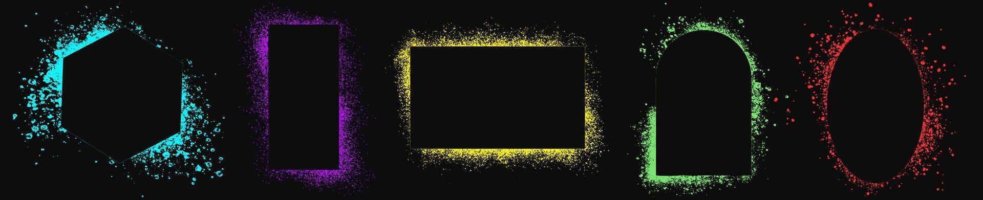 Set of neon colored frames, various spray stencils isolated on black background. Urban street graffiti style. Airbrush paint splatter borders, grunge street art with splash effect and drops vector