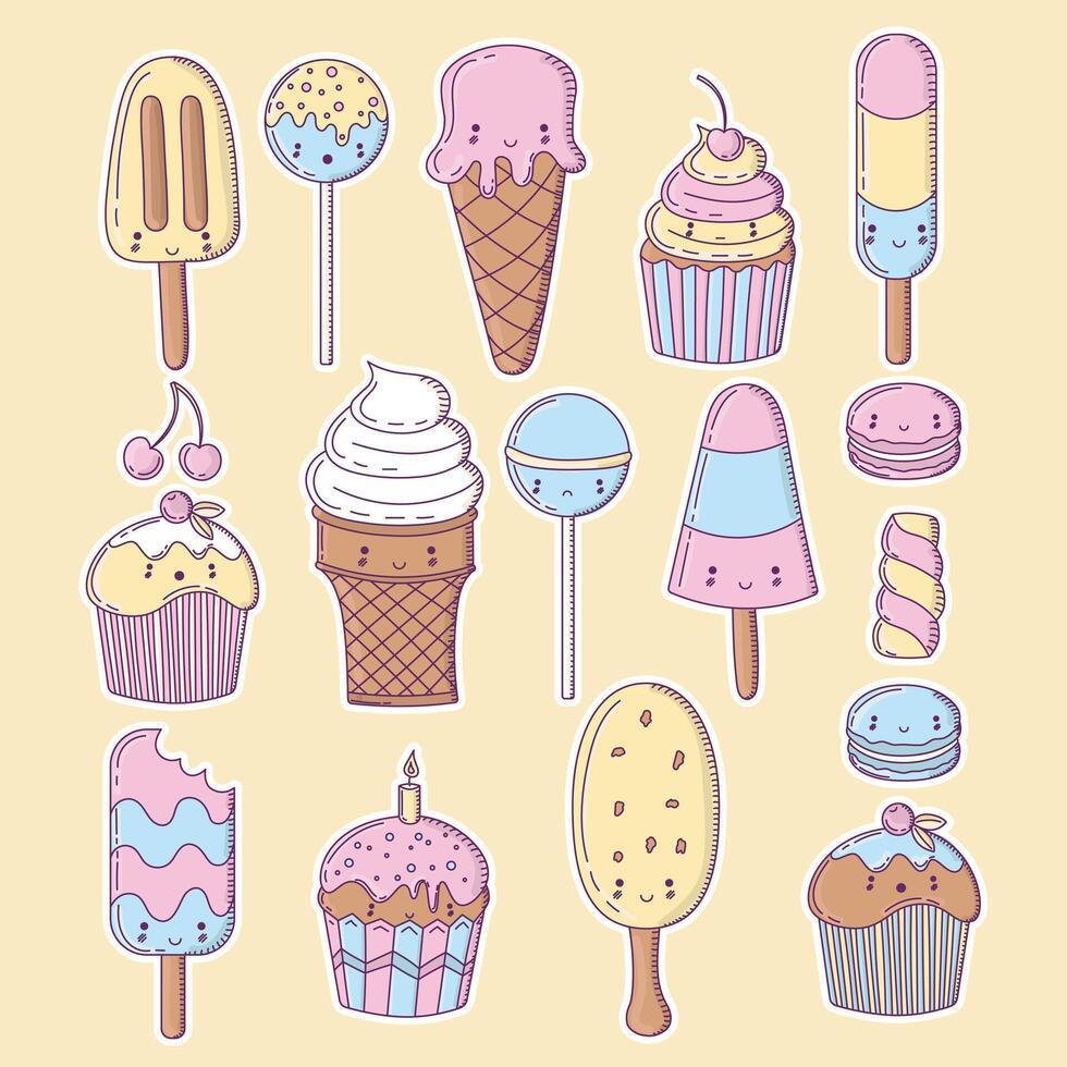 Set of candy and ice cream icons in doodle style. Soft tones vector