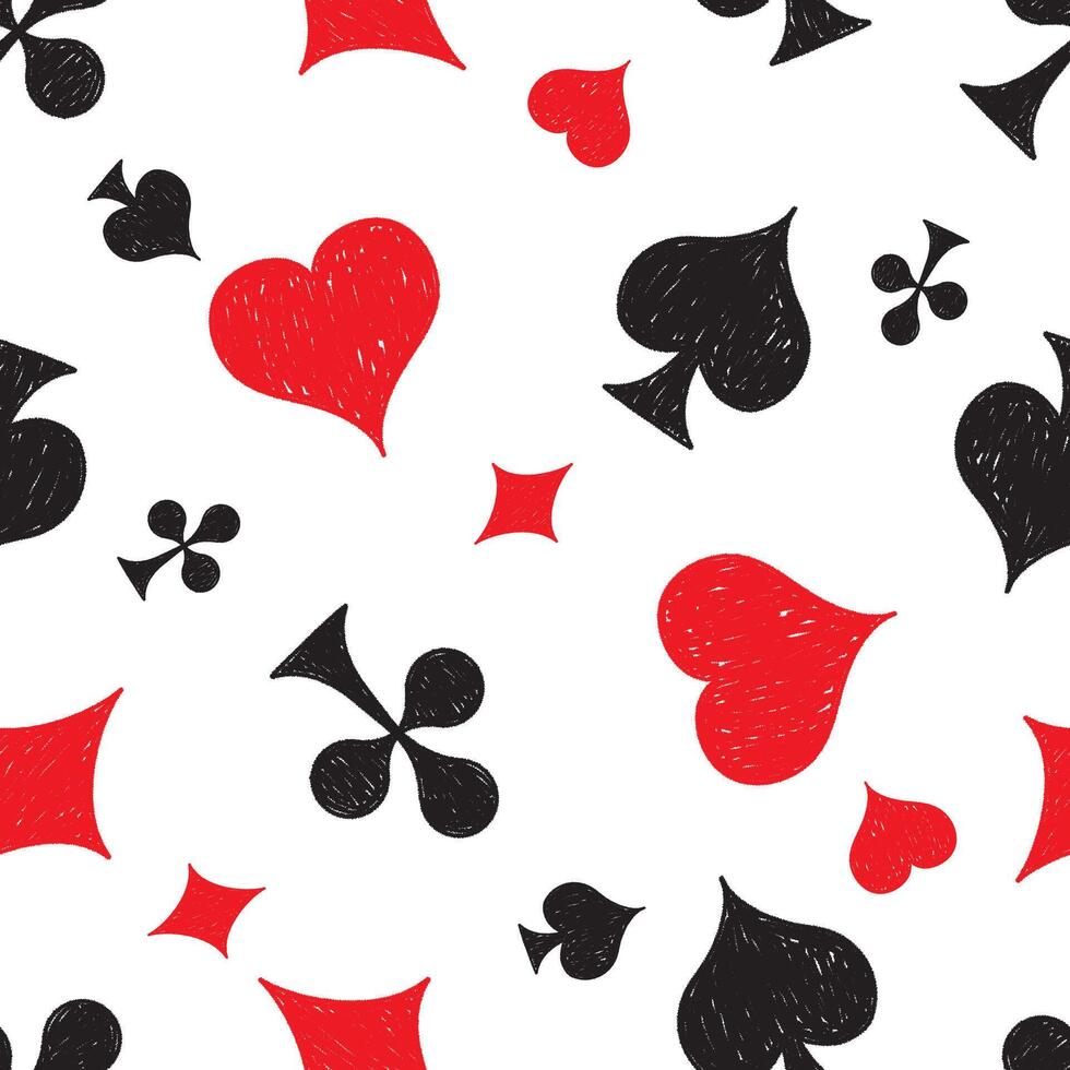 Seamless pattern with crayon drawn poker card suits. Gambling game, casino symbol illustration. Great for textile, fabric, wallpaper, wrapping, scrapbook and packaging vector