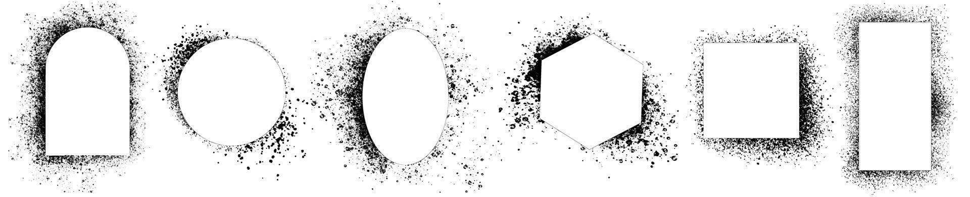 Set of black frames, various spray stencils isolated on white background. Urban street graffiti style. Airbrush paint splatter borders, grunge street art with splash effect and drops vector