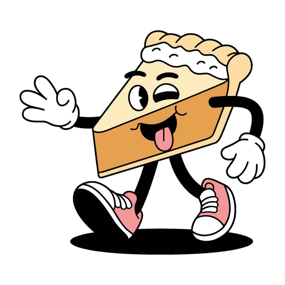 Happy cartoon slice of pie character walking and waving with playful expression in cheerful setting vector