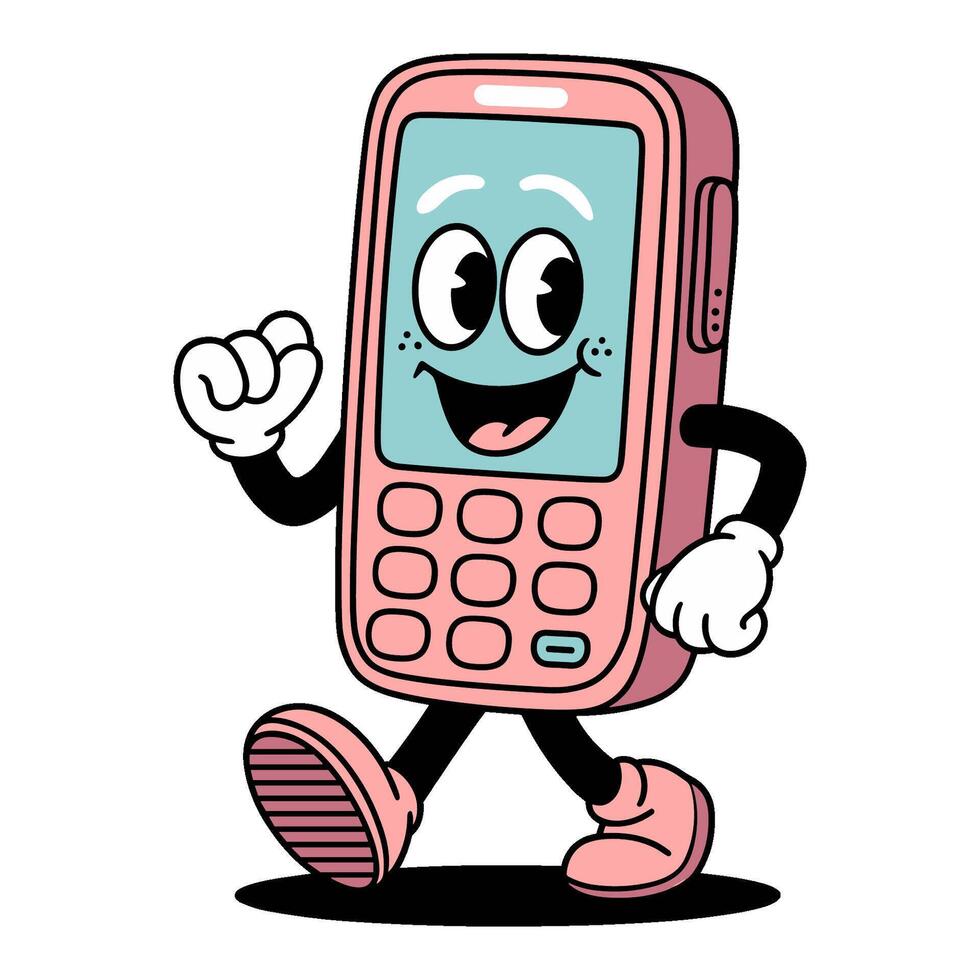 Retro cartoon character of a happy phone walking playfully with a smile in a vibrant style vector