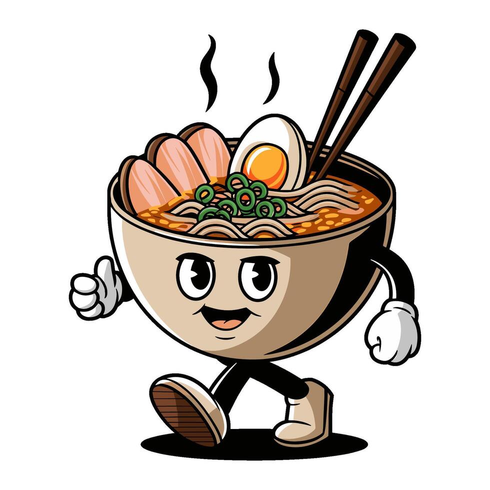 Retro cartoon character of a bowl of ramen walking cheerfully with chopsticks and toppings vector