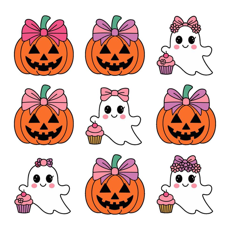 Halloween themed flat design featuring cute ghosts and pumpkins in a playful grid arrangement vector