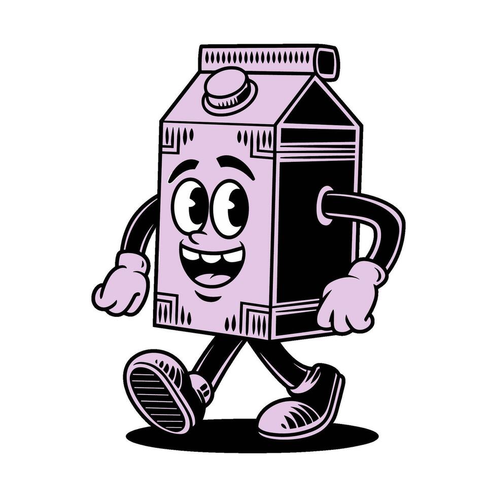 Happy retro character walking joyfully in playful doodle style illustration with cool purple color palette vector