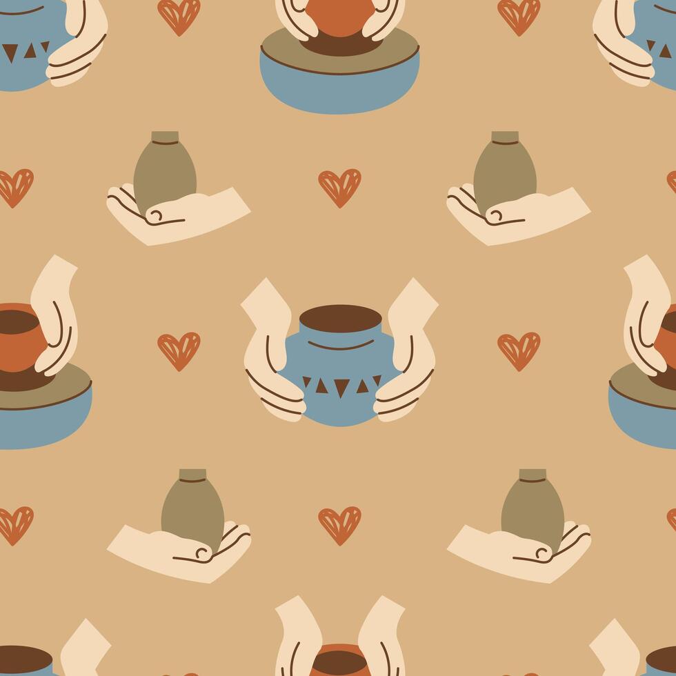 Ceramics Hands Hearts Pottery Seamless Pattern vector