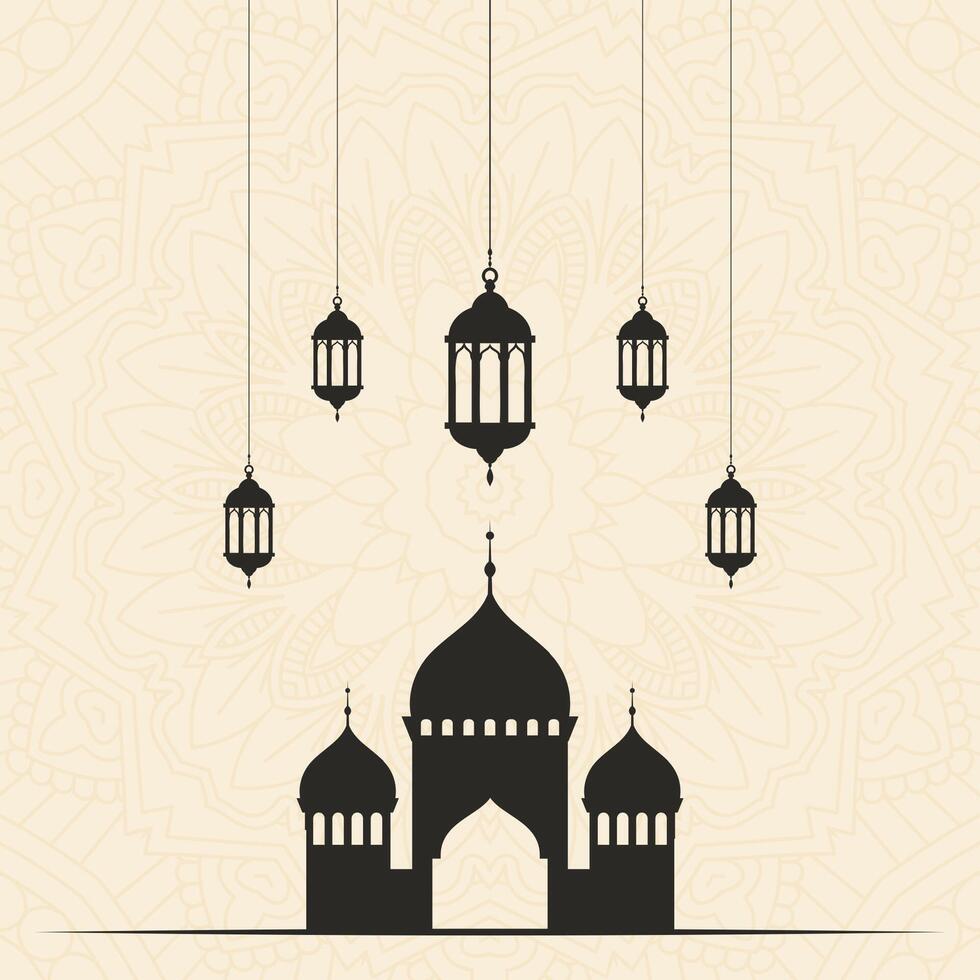Minimal background for Eid Murbarak with mosque and hanging lanterns vector