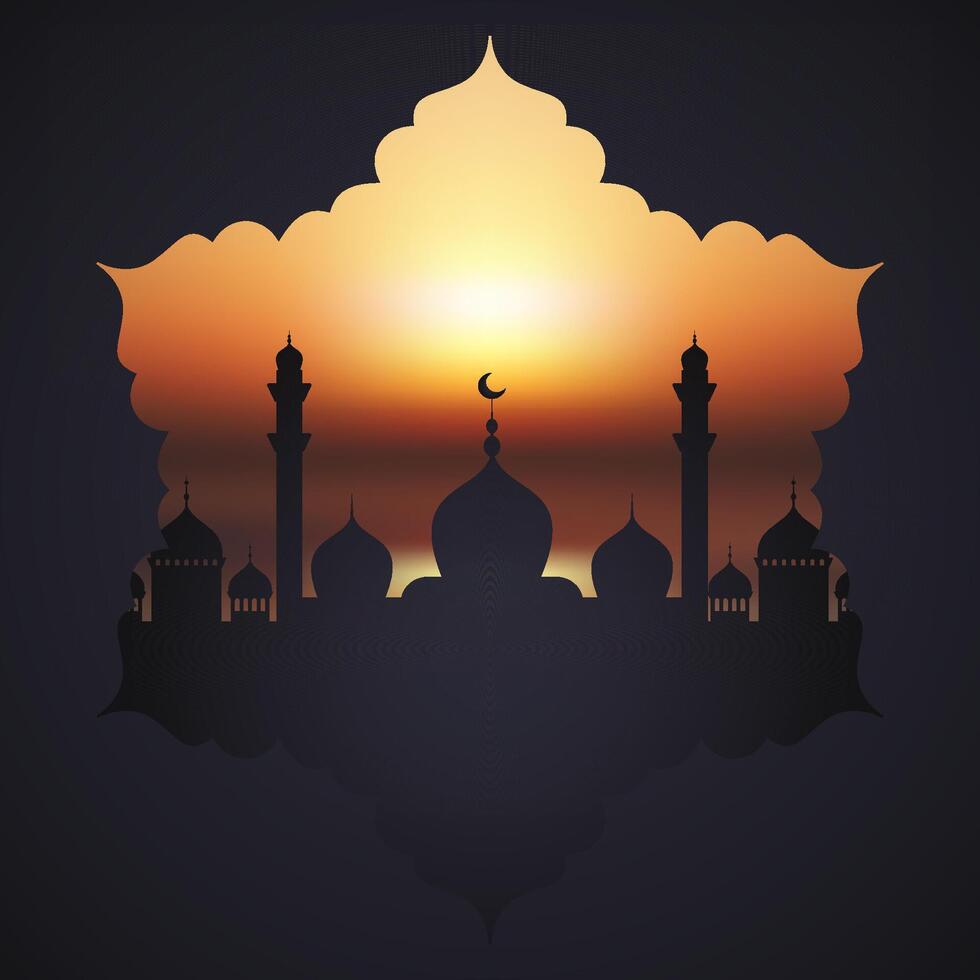 Decorative Eid Murbarak background with mosque silhouette against a sunset sky vector