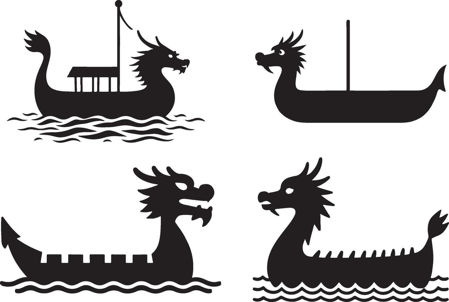 This image features four stylized black silhouettes of Chinese dragons vector