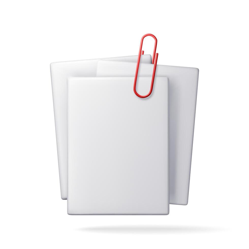 3D empty paper sheets hanging with paper clip isolated. Render white blank paper page with clip icon. Education and work. Stationery and office supply. Document, note or letter. vector