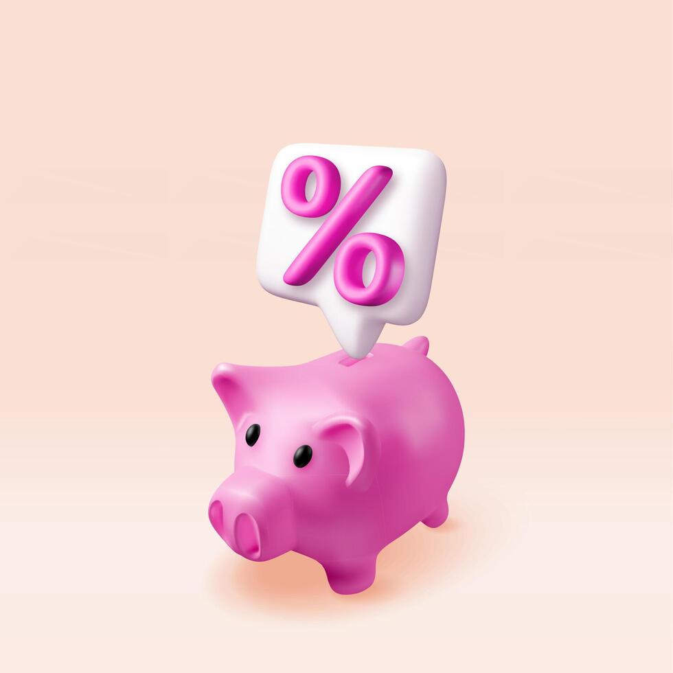 3D piggy bank and percent sign isolated. Render plastic piggy bank for money. Moneybox in form of pig. Concept of cash money, business deposit investment, financial savings vector